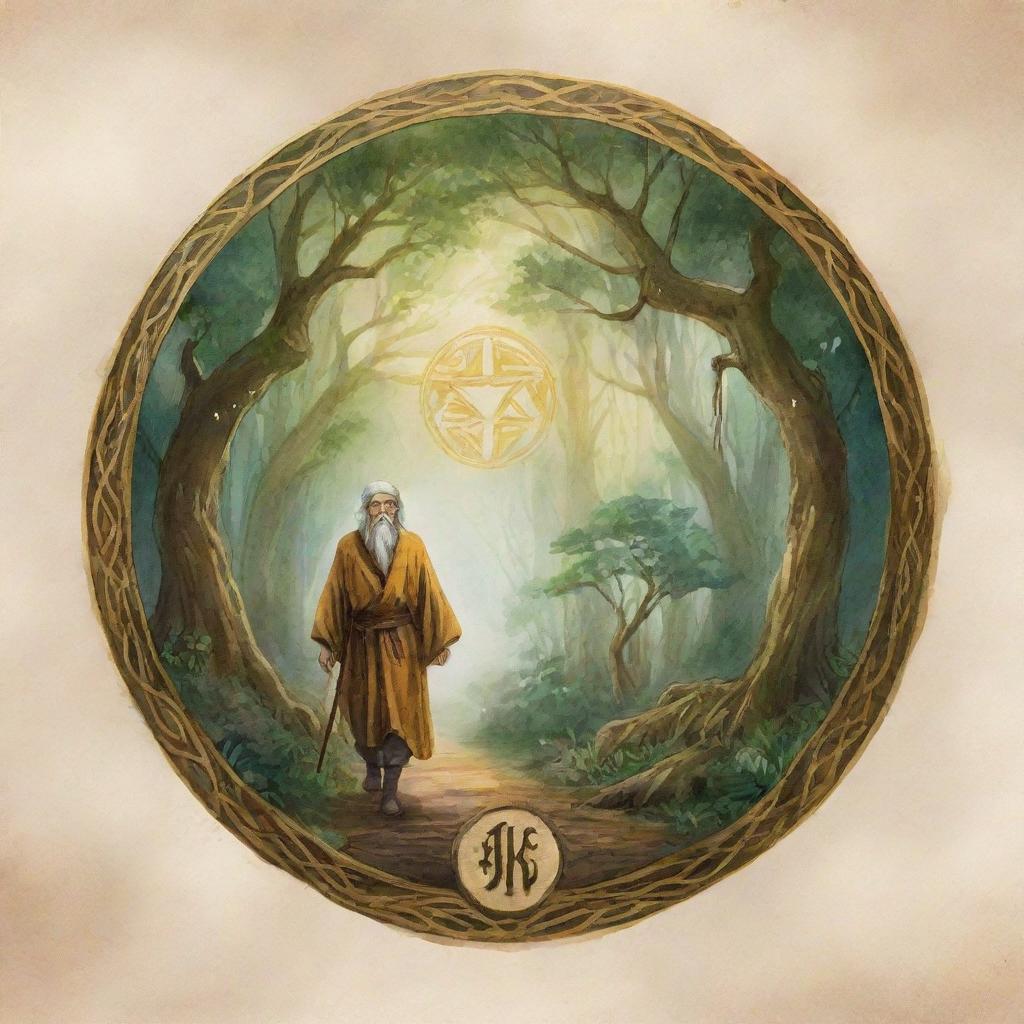 Design an enchanting emblem for the 'Golden Era Sages' YouTube channel. The emblem should depict a wise sage walking through a lush, mystical forest with ancient trees featuring glowing runes. The environment should emit tranquility and sagacity, in the style of a watercolor artwork.