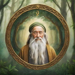 Design an enchanting emblem for the 'Golden Era Sages' YouTube channel. The emblem should depict a wise sage walking through a lush, mystical forest with ancient trees featuring glowing runes. The environment should emit tranquility and sagacity, in the style of a watercolor artwork.