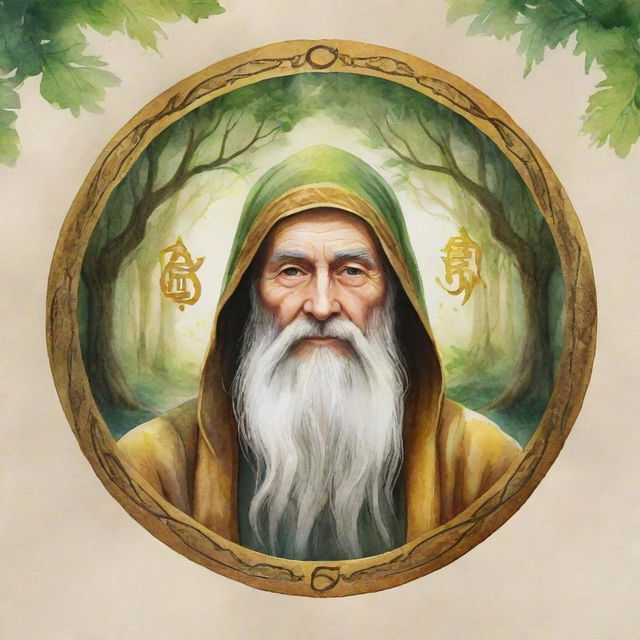 Design an enchanting emblem for the 'Golden Era Sages' YouTube channel. The emblem should depict a wise sage walking through a lush, mystical forest with ancient trees featuring glowing runes. The environment should emit tranquility and sagacity, in the style of a watercolor artwork.