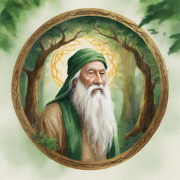 Design an enchanting emblem for the 'Golden Era Sages' YouTube channel. The emblem should depict a wise sage walking through a lush, mystical forest with ancient trees featuring glowing runes. The environment should emit tranquility and sagacity, in the style of a watercolor artwork.