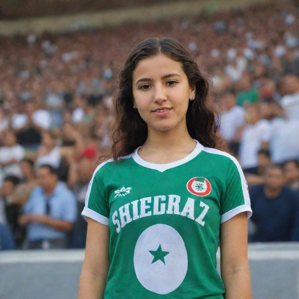 A girl wearing an Algerian t-shirt with the name 'Sheraz' emblazoned on it, standing in a bustling stadium.