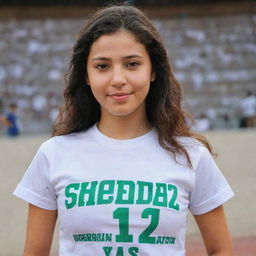 A girl wearing an Algerian t-shirt with the name 'Sheraz' emblazoned on it, standing in a bustling stadium.