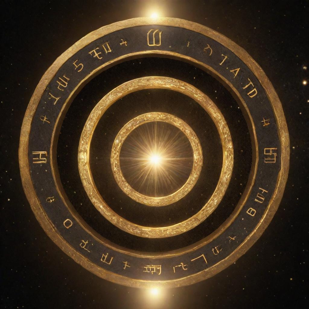 Generate a 3D image for 'Golden Era Sages' YouTube logo emerging from a celestial portal. Add details like golden light beams, ancient symbols in the letters against a cosmic background.