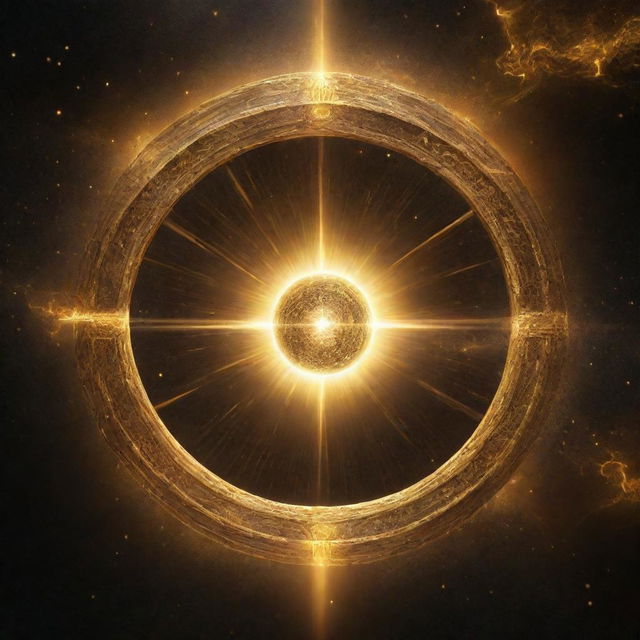 Generate a 3D image for 'Golden Era Sages' YouTube logo emerging from a celestial portal. Add details like golden light beams, ancient symbols in the letters against a cosmic background.