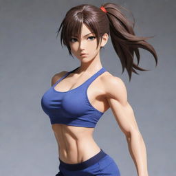 Anime girl with defined muscles, looking strong and confident, in a dynamic pose