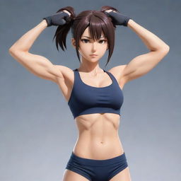 Anime girl with defined muscles, looking strong and confident, in a dynamic pose