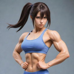 Anime girl with defined muscles, looking strong and confident, in a dynamic pose