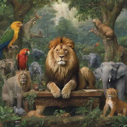 A regal lion presiding over a meeting with various jungle animals, including elephants, monkeys, and parrots, in a verdant and lively jungle setting.