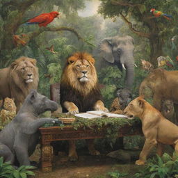 A regal lion presiding over a meeting with various jungle animals, including elephants, monkeys, and parrots, in a verdant and lively jungle setting.