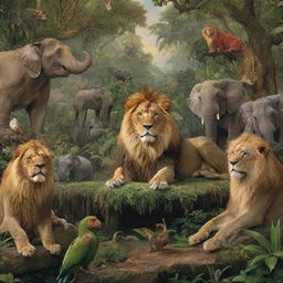 A regal lion presiding over a meeting with various jungle animals, including elephants, monkeys, and parrots, in a verdant and lively jungle setting.