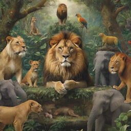 A regal lion presiding over a meeting with various jungle animals, including elephants, monkeys, and parrots, in a verdant and lively jungle setting.