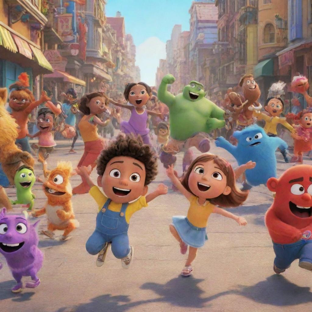 A lively scene from an animated movie featuring brightly colored characters in action.