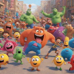 A lively scene from an animated movie featuring brightly colored characters in action.