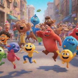 A lively scene from an animated movie featuring brightly colored characters in action.