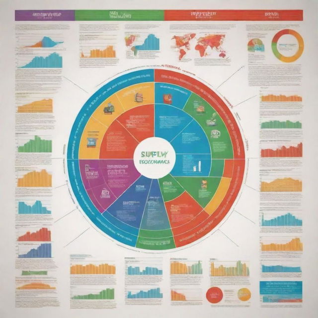 A vibrant, informative poster showing the concept of supply in economics. It should feature graphs, money flows, everyday commodities, and transactions. The emphasis should be on the importance of supply dynamics in everyday life.