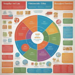 A vibrant, informative poster showing the concept of supply in economics. It should feature graphs, money flows, everyday commodities, and transactions. The emphasis should be on the importance of supply dynamics in everyday life.