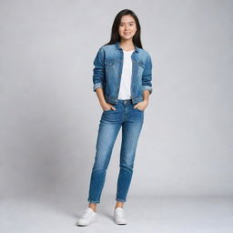 A full body portrait of a girl dressed in casual clothes, standing with confidence and charisma.