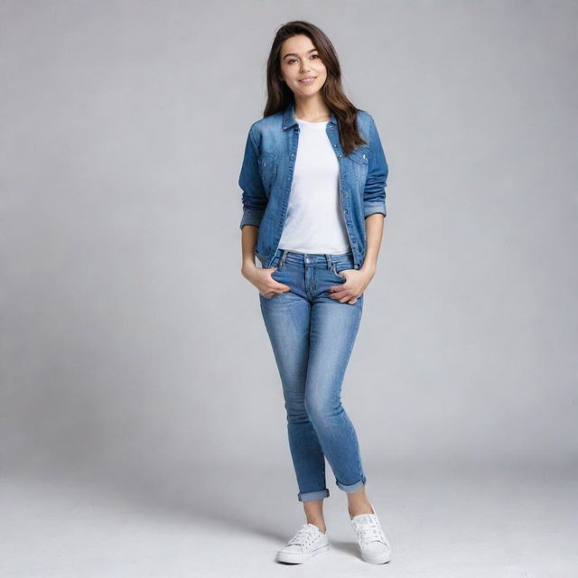 A full body portrait of a girl dressed in casual clothes, standing with confidence and charisma.