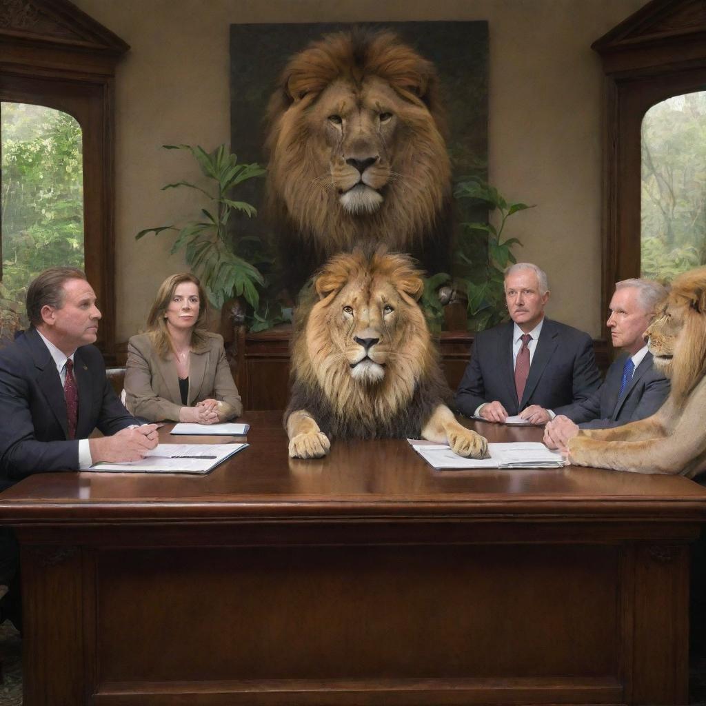 A majestic lion presiding over a meeting with various jungle wildlife in a formal office setting, all displaying human-like postured attending to the lion's words.