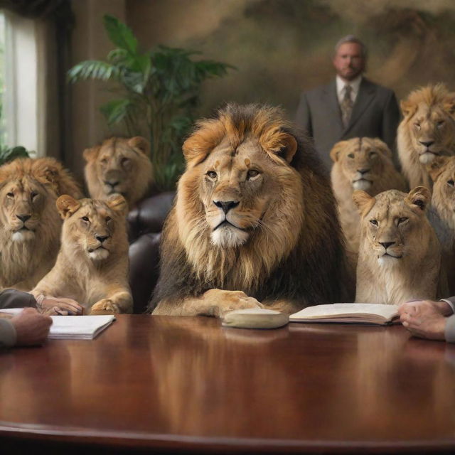 A majestic lion presiding over a meeting with various jungle wildlife in a formal office setting, all displaying human-like postured attending to the lion's words.