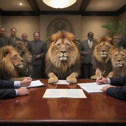 A majestic lion presiding over a meeting with various jungle wildlife in a formal office setting, all displaying human-like postured attending to the lion's words.