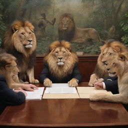 A majestic lion presiding over a meeting with various jungle wildlife in a formal office setting, all displaying human-like postured attending to the lion's words.