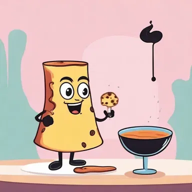 In a whimsical cartoon world, a mischievous character accidentally drops a charred pancake cup into a potion, causing a humorous and unexpected reaction.