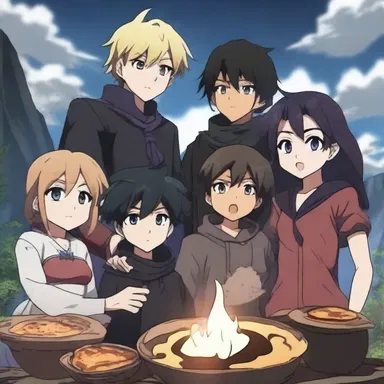 In an anime series set in a mystical realm, a group of heroes embark on a quest to find a legendary charred pancake cup, rumored to grant immense power.