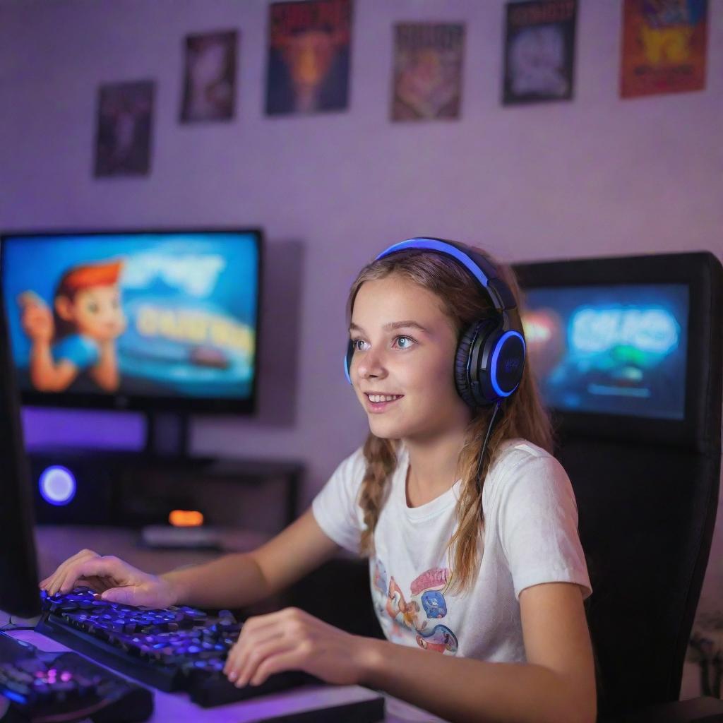 An enthusiastic girl engrossed in playing video games, with a gaming headset, expressive eyes, and an endearing, focused expression. Her room is filled with gaming gear, colourful LEDs, and game posters.