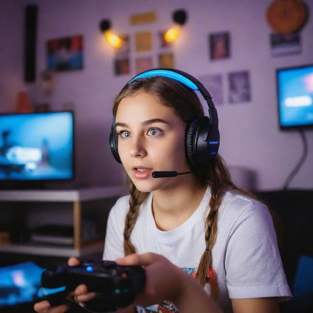 An enthusiastic girl engrossed in playing video games, with a gaming headset, expressive eyes, and an endearing, focused expression. Her room is filled with gaming gear, colourful LEDs, and game posters.