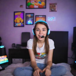 An enthusiastic girl engrossed in playing video games, with a gaming headset, expressive eyes, and an endearing, focused expression. Her room is filled with gaming gear, colourful LEDs, and game posters.