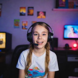 An enthusiastic girl engrossed in playing video games, with a gaming headset, expressive eyes, and an endearing, focused expression. Her room is filled with gaming gear, colourful LEDs, and game posters.