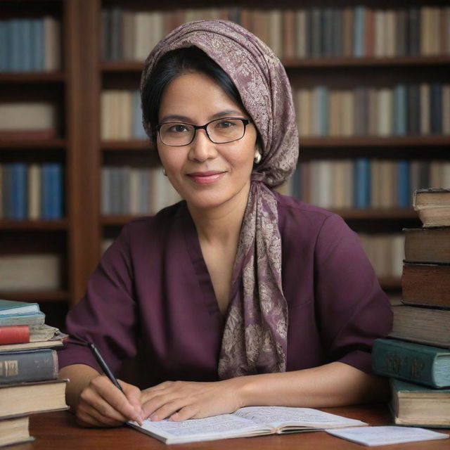 Create a professional portrait of Fitra Eri, a well-known Indonesian author, with a background featuring books and writing materials.