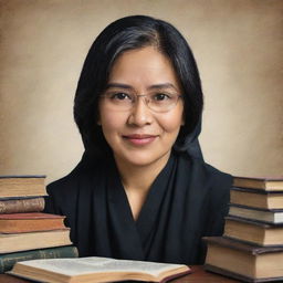 Create a professional portrait of Fitra Eri, a well-known Indonesian author, with a background featuring books and writing materials.