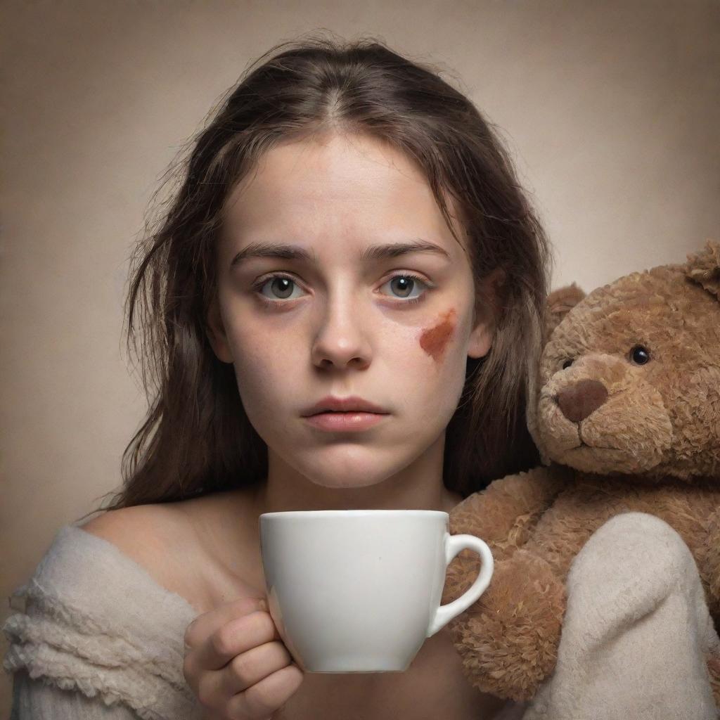 A theatrical poster for a play. In the center, a young, troubled girl with borderline personality disorder. A steamy cup of coffee and a torn teddy bear nearby, symbolic of her struggles.