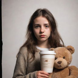 A theatrical poster for a play. In the center, a young, troubled girl with borderline personality disorder. A steamy cup of coffee and a torn teddy bear nearby, symbolic of her struggles.