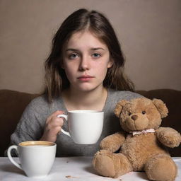 A theatrical poster for a play. In the center, a young, troubled girl with borderline personality disorder. A steamy cup of coffee and a torn teddy bear nearby, symbolic of her struggles.