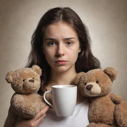 A theatrical poster for a play. In the center, a young, troubled girl with borderline personality disorder. A steamy cup of coffee and a torn teddy bear nearby, symbolic of her struggles.