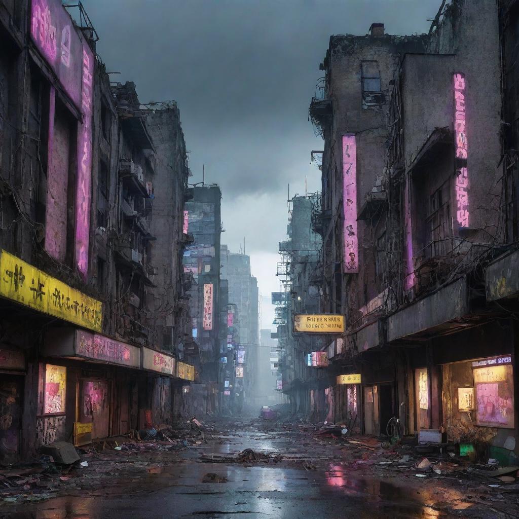 A ruined Electropunk city, revealing the remains of formerly vibrant digital designs, dim neon lights, electronic gadgetry left in decay, under a dystopian, techno sky