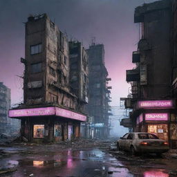 A ruined Electropunk city, revealing the remains of formerly vibrant digital designs, dim neon lights, electronic gadgetry left in decay, under a dystopian, techno sky