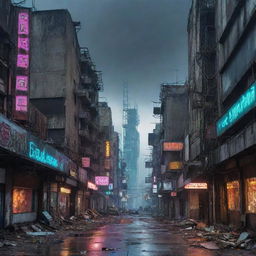 A ruined Electropunk city, revealing the remains of formerly vibrant digital designs, dim neon lights, electronic gadgetry left in decay, under a dystopian, techno sky