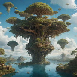 A fantastical world with reversed gravity, upside-down trees, and floating islands in the sky inhabited by mystical creatures and technologically advanced civilizations.