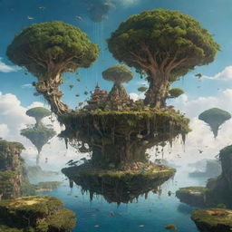 A fantastical world with reversed gravity, upside-down trees, and floating islands in the sky inhabited by mystical creatures and technologically advanced civilizations.