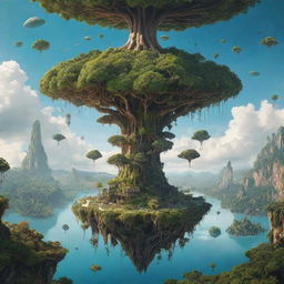 A fantastical world with reversed gravity, upside-down trees, and floating islands in the sky inhabited by mystical creatures and technologically advanced civilizations.