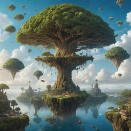 A fantastical world with reversed gravity, upside-down trees, and floating islands in the sky inhabited by mystical creatures and technologically advanced civilizations.