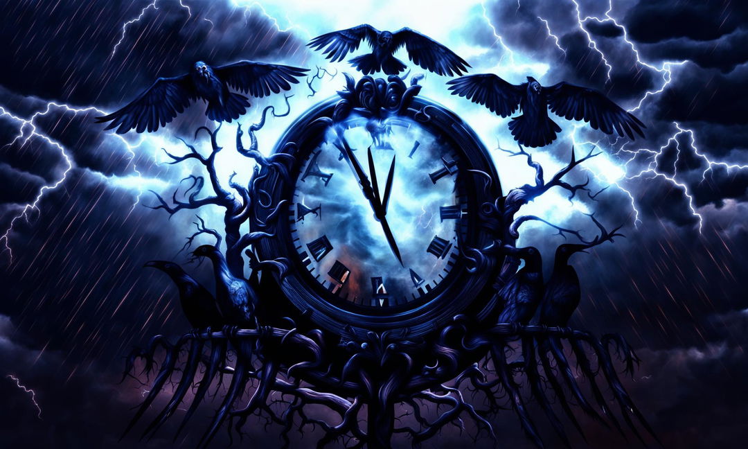 Digital art of an ornate clock showing 6:66 in a stormy sky with six ravens forming a hexagon around it over a desolate landscape with six gnarled trees.