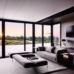 A modern room with sleek furniture, neutral tones, and high-quality materials. The room contains large windows, minimalist decor, and innovative technology.