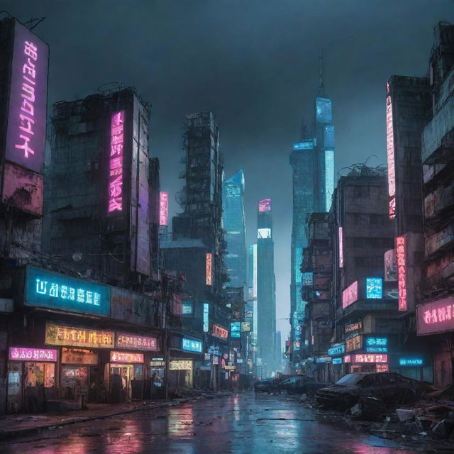 A ruined Cyberpunk cityscape, showcasing remnants of high-tech, dystopian buildings, dimmed neon lights, dysfunctional digital billboards and networking infrastructures under a sky devoid of its neon glow