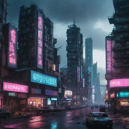 A ruined Cyberpunk cityscape, showcasing remnants of high-tech, dystopian buildings, dimmed neon lights, dysfunctional digital billboards and networking infrastructures under a sky devoid of its neon glow