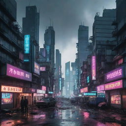 A ruined Cyberpunk cityscape, showcasing remnants of high-tech, dystopian buildings, dimmed neon lights, dysfunctional digital billboards and networking infrastructures under a sky devoid of its neon glow